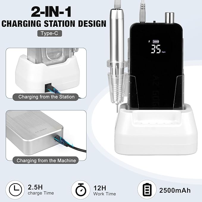 AZ GOGO Nail Drill Machine, 35000RPM Rechargeable Professional Portable Nail Drills for Acrylic Gel Nails - Low Noise & Low Vibration Coreless Motor E-File (Black)
