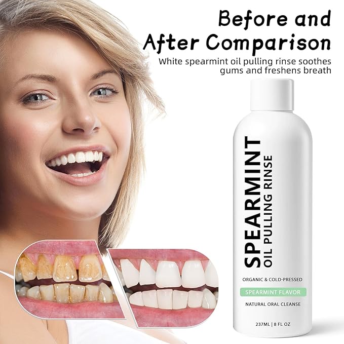 Spearmint Oil Pulling Rinse, White Oil Pulling Rinse, Cold-Pressed Coconut Mouthwash for Teeth Whitening, Peppermint Mouthwash Freshness for Teeth and Gums, 8 Oz