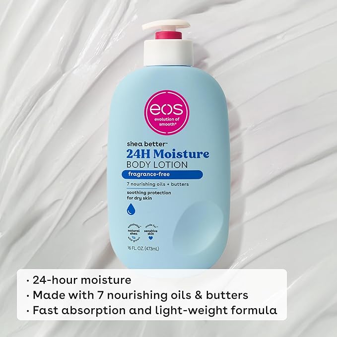 eos Shea Better Body Lotion Fragrance Free, 24-Hour Hydration Skin Care, Lightweight & Non-Greasy, Natural Shea, Vegan, Unscented Body Lotion, 16 fl oz