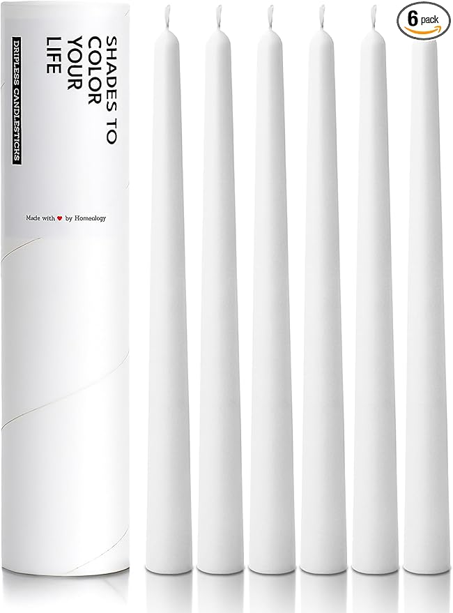 6 PK 10" Classic Taper Candles, White, 7-8 Hours Long Burning, Unscented Tall Candlesticks