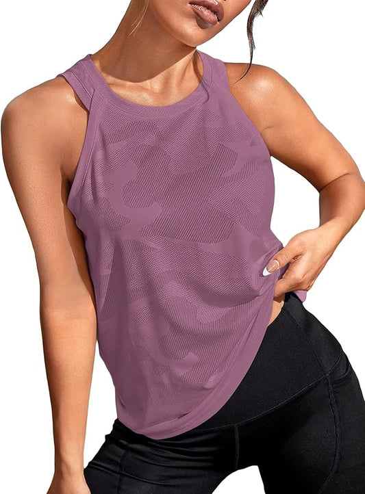 OYOANGLE Women's Camo Print Sleeveless Workout Shirts Exercise Running Tank Tops Active Gym Tops