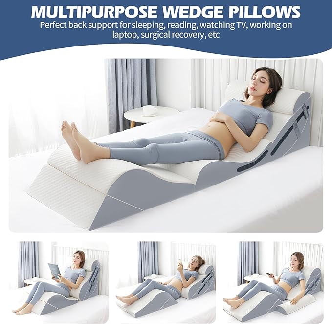 6PCS Orthopedic Bed Wedge Pillow Set with Whole Memory Foam Waist Pillow, Bed Wedge Pillows for Sleeping/Back Pain Relief, Adjustable Leg Elevation Pillows for After Surgery, Swelling, Circulation