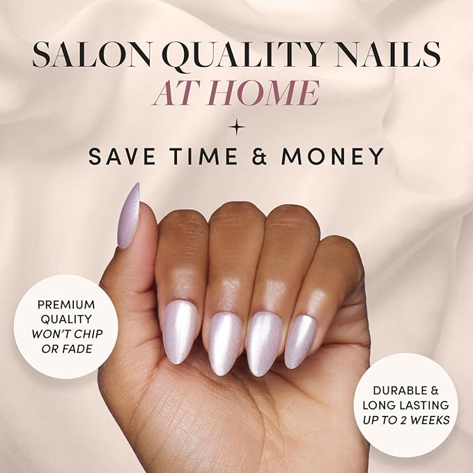Glamnetic Press On Nails - Selenite | Soft White Sparkle Short Almond Fake Nails with a Glossy Finish, Salon Quality | 15 Sizes - 30 Nail Kit with Glue