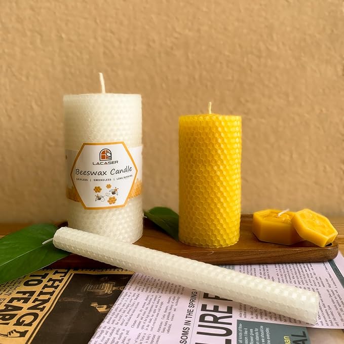 Large Beeswax Pillar Candles, Size 3"x6", Natural Bees Wax Candle Sheet Handrolled for Home, Unscented & Smokeless, 40 Hour Burn Time, White