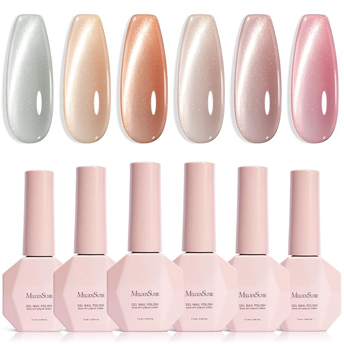 MelodySusie Minimal Nude Pink Cat Eye Set Cat Eye Gel Nail Polish Set 6 Pcs, 0.26 Fl Oz Glitter Holographic Magnetic Nail Polish with Magnet, UV Nail Polish for Nail Art Manicure Salon DIY at Home