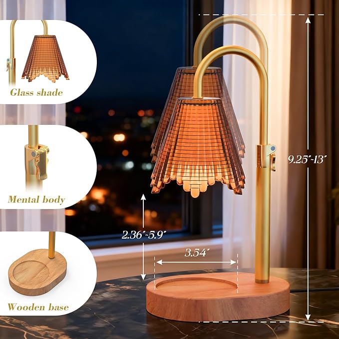 Candle Warmer Lamp with Adjustable Height - Flameless 4-Level Dimmable Wax Warmer with Colorful Glass Shade & Wooden Base, Timer Function & Stylish Design in Multiple Colors (Brown)