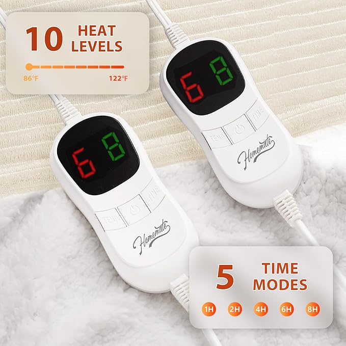Homemate Electric Heated Blanket King Size - 100"x90" Heating Blanket King Size Dual Control 1/2/4/6/8 Hours Auto-Off 10 Heat Level Over-Heat Protection Soft Flannel Sherpa ETL Certification