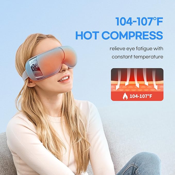 HubiCare Eye Massager with Heat, Vibration, and Music Helps Relieve Strain, Dark Circles, Dryness, and for Migraine Relief Relaxation and Better Sleep Gifts for Women/Men (Ice Blue)