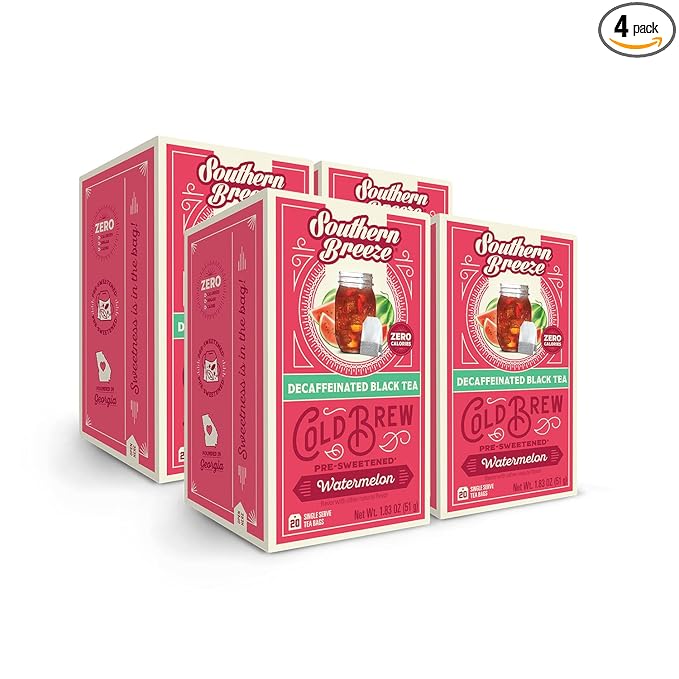 Southern Breeze Decaf Cold Brew Sweet Tea Watermelon Iced Tea with Black Tea and Zero Carbs Zero Sugar, 20 Individually Wrapped Tea Bags, Pack of 4