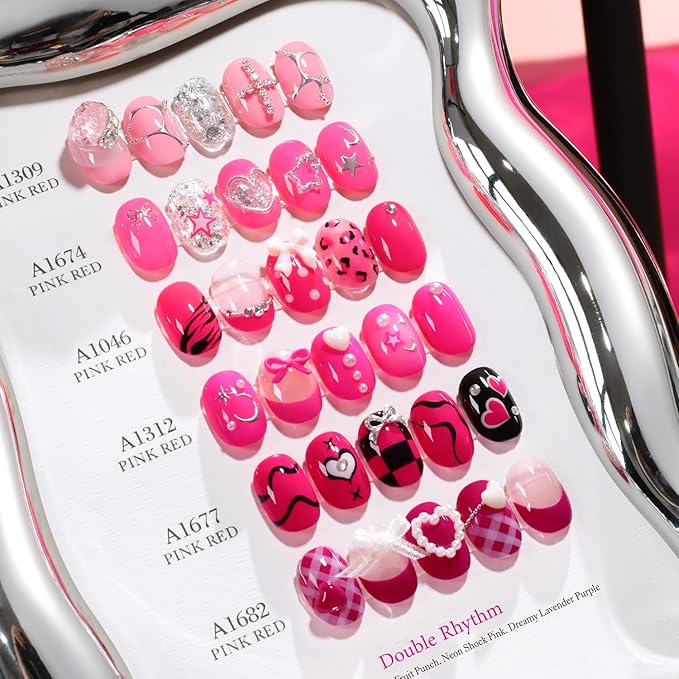 Double Rhythm 28Pcs 0.5Oz Gel Nail Polish Set Same Color Same Bottle Soak Off Gel Polish Kit Nail Art Manicure Salon DIY at Home for Women (Bright Pitaya Pink Purple Red Collection-T24-13)