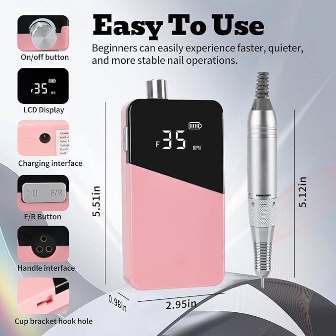 Electric Nail Drill Machine 35000RPM Professional Portable Nail File Cordless Rechargeable Nail Efile for Acrylic Gel Nails Manicure Pedicure Polishing Shape Tools for Salon (Pink)