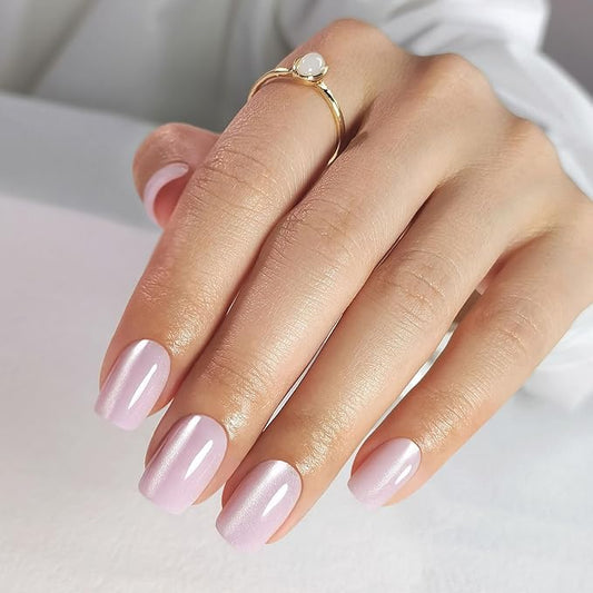 Pink Cat Eye Press on Nails Square - Soft Gel Press on Nails Short for Women Gift, Fit Perfectly & Natural Stick on Nails with Glue in 16 Sizes - 32 Reusable Fake Nails, Light Pink