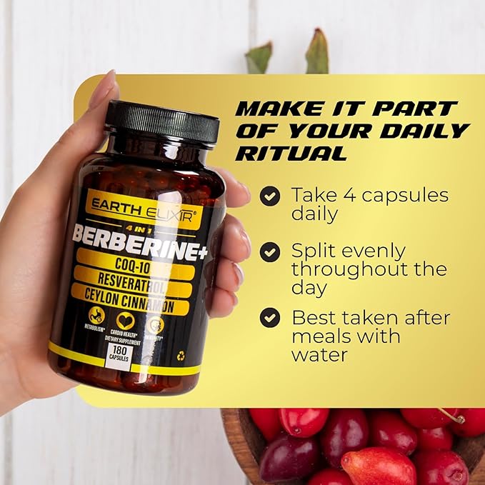 Earth Elixir 4-in-1 Berberine Supplement – Organic Berberine with Ceylon Cinnamon, CoQ10 Ubiquinol, and Resveratrol Powder – Metabolic & Cellular Energy Support, 180 Vegan Capsules