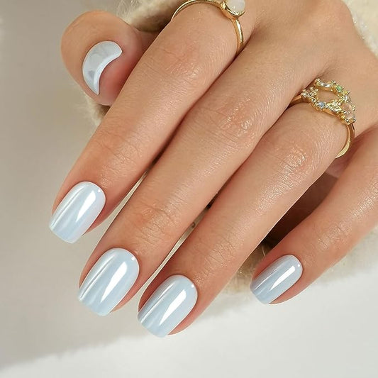 Chrome Press on Nails Square - Soft Gel Blue Press on Nails Short for Women Gift, Glossy & Natural Stick on Nails with Glue in 16 Sizes - 32 Reusable Fake Nails, Aurora Light Blue