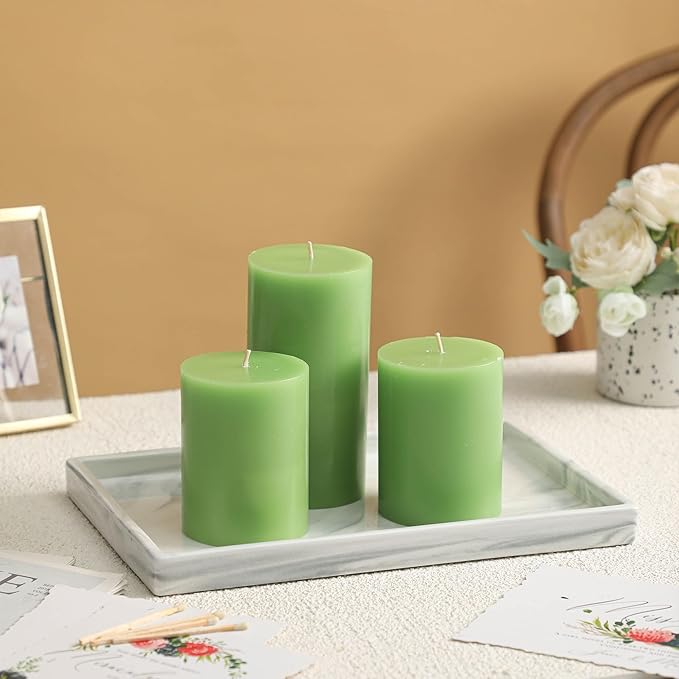 3x6 Inch Green Pillar Candles Set of 3 - Decorative Unscented Pillar Candle, Long Burning Dripless Candle for Table Decor, Smokeless Large Pillar Candles for Wedding Table Decor