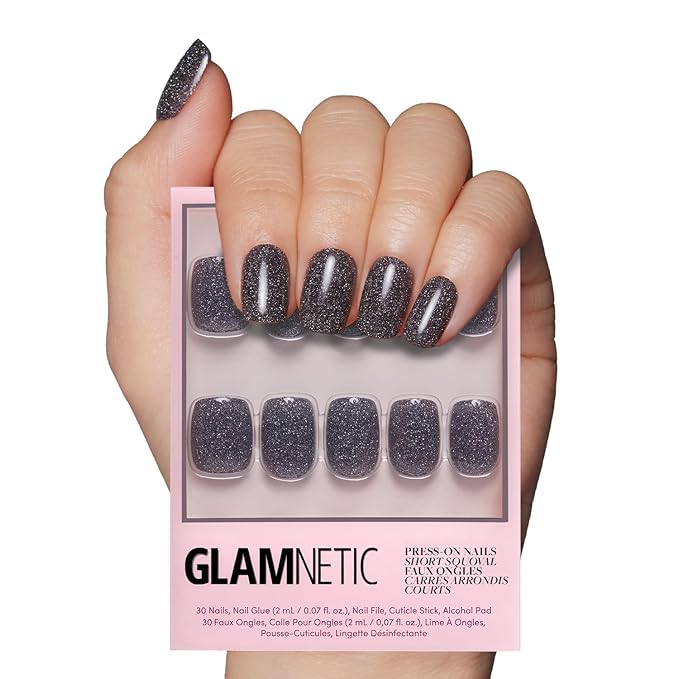 Glamnetic Press On Nails - Cosmic | Semi-Transparent Sparkly Black Short Squoval Fake Nails with a Glossy Finish, Salon Quality | 15 Sizes - 30 Nail Kit with Glue
