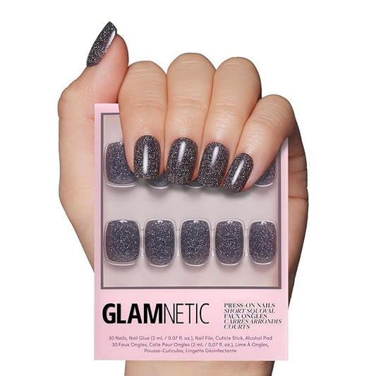 Glamnetic Press On Nails - Cosmic | Semi-Transparent Sparkly Black Short Squoval Fake Nails with a Glossy Finish, Salon Quality | 15 Sizes - 30 Nail Kit with Glue