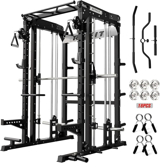 RitFit M2 PRO-3D Smith Machine with Weight Stack, 3D Functional Trainer & Power Cage, 308.6lbs Stack, 16 Adjustment Holes, 6 Storage Pegs for Full-Body Home Gym