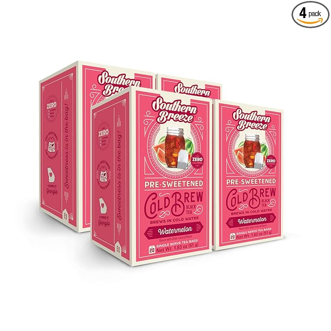 Southern Breeze Cold Brew Sweet Tea Watermelon Iced Tea with Black Tea and Zero Carbs Zero Sugar, 20 Individually Wrapped Tea Bags, Pack of 4