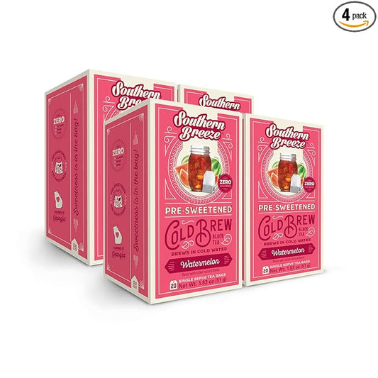 Southern Breeze Cold Brew Sweet Tea Watermelon Iced Tea with Black Tea and Zero Carbs Zero Sugar, 20 Individually Wrapped Tea Bags, Pack of 4