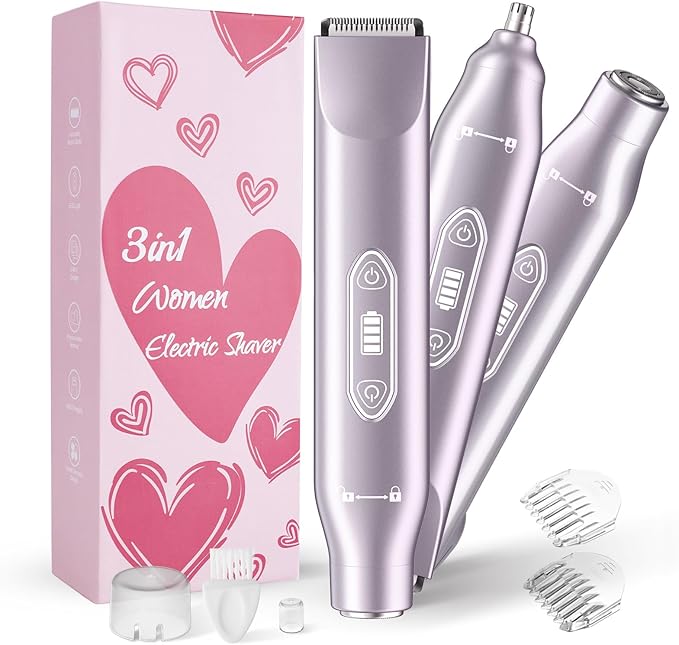Bikini Trimmer for Women，3 in 1 Electric Razor with Ceramic Blades, IPX7 Waterproof, USB Rechargeable, Painless Hair Removal for Face，Body，Bikini Area, Travel Grooming Kit (Purple)