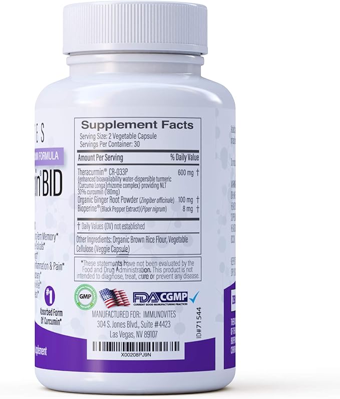 IMMUNOVITES Theracurmin BID 300mg (Nano Curcumin 90mg per Cap.) [[600mg per Serving]] - Now w/Ginger & Bioperine (60ct Bottle)