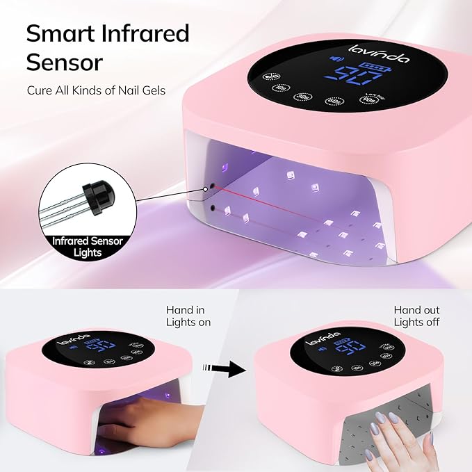 Lavinda UV LED Nail Lamp 54W Cordless Gel Nail Light, Rechargeable UV Lamp for Nails, Professional LED Nail Dryer with Timer & Display for Gel Nails Salon Home Use Matte Macaron Pink