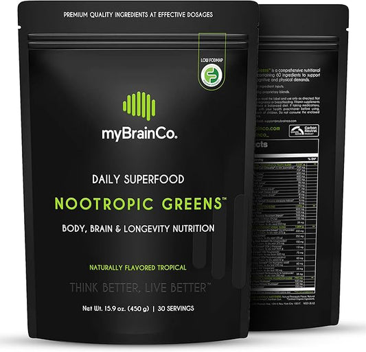 myBrainCo. Nootropic Greens - Premium All-in-One Body, Brain & Longevity Optimization Nutrition. Organic Greens & Superfoods, Alpha-GPC, L-Theanine, Lion’s Mane, TMG, NR, NAC & More. (7.94 oz)