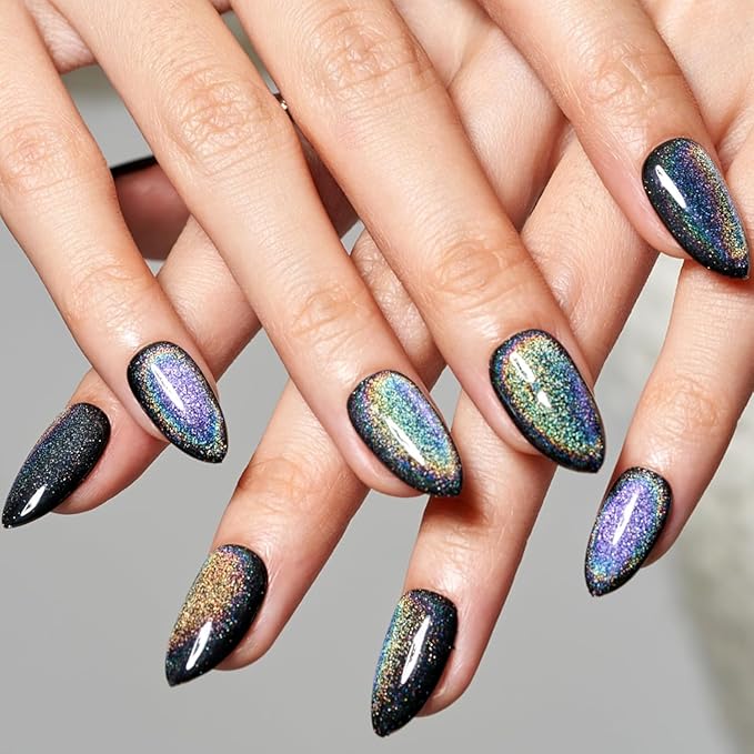 GLAMERMAID Black Blue Magnet Cat Eyes Press on Nails Short Almond, Laser Rainbow Handmade Gel Fake Nail Kit, Ombre Glitter Magnetic Glue on Nail Stiletto, Medium Oval Stick on False Nail Set for Women