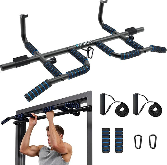 EPHESPORT New Version Pull Up Bar with Resistance Bands, No Screwing Pullup Bar for Doorway, Chin Ups Strength Training Equipment, Ergonomic Grip, USA Original Patent Design, 440 Lbs Capacity