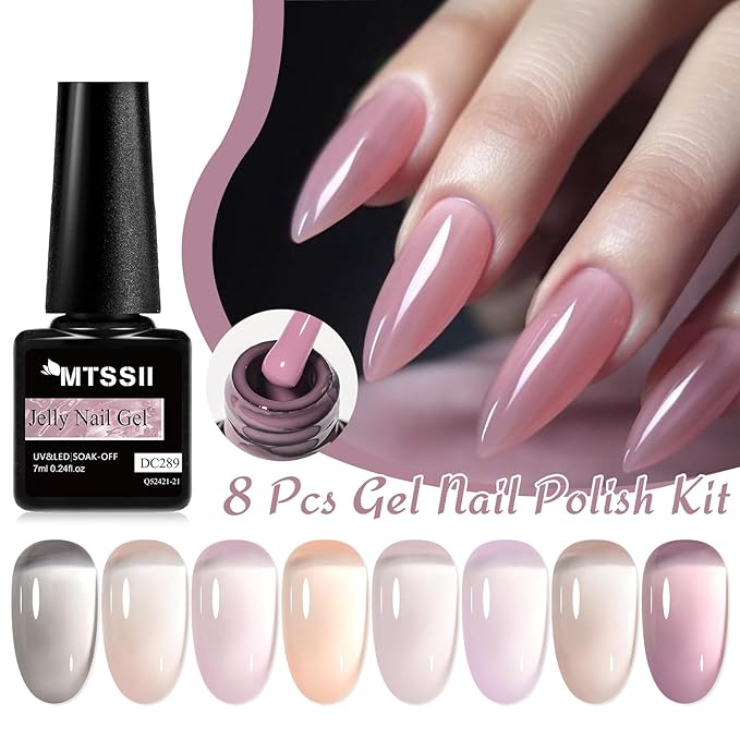 MTSSII Jelly Gel Nail Polish Set - Nude Gel Polish Kit - Milky Nude, Sheer Pink - UV Translucent - Grey - 8 Pcs