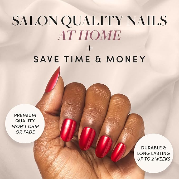 Glamnetic Press On Nails - Cherry Glaze | Short Round Bright Cherry Red Nails with a Glaze Finish | 15 Sizes - 30 Nail Kit with Glue