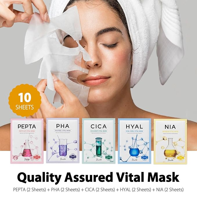 SHIONLE 10 Combo Pack A Vital Facial Sheet Mask, 5 Types Essence Korean Skincare Self Care Home Spa Treatment Face Mask, Hydrating Nourishing Soothing for All Skin Type
