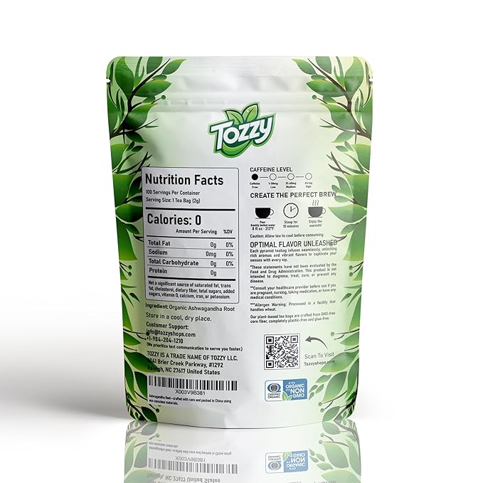 Tozzy Organic Ashwagandha Tea – 100 Count, Plant-Based Pyramid Tea Bags