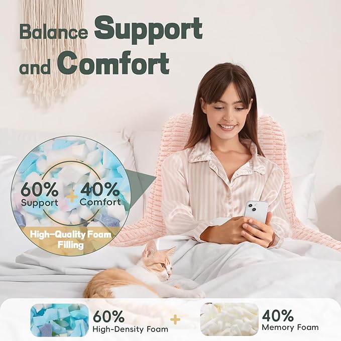 21" Higher Large Reading Pillow for Bed Adult, Back Pillow for Bed Sitting Up with Memory Foam Back Support with Arms Rest for Couch Chair Pink
