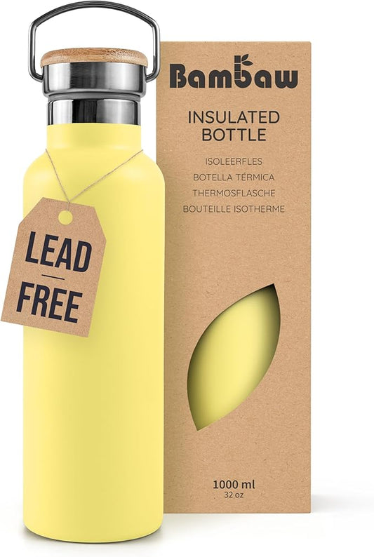 Bambaw Insulated Water Bottle 1l, Yellow Water Bottle, Stainless Steel Water Bottle 1l, Leakproof Water Bottle, Thermal Water Bottle, 1l Insulated Water Bottle, 1l Metal Water Bottle – Yellow Beam