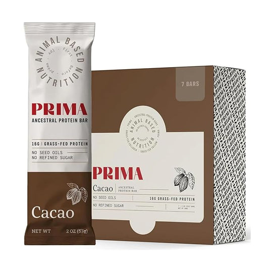 PRIMA ANCESTRAL PROTEIN BAR Grass Fed Protein Bars, 7 Pack – Animal-Based Protein Bar with Beef Tallow, Raw Honey, Seed Oil Free, Low Carb, Gluten-Free – Healthy, Energy Snacks for Clean Lifestyle (7 Pack, Cacao)