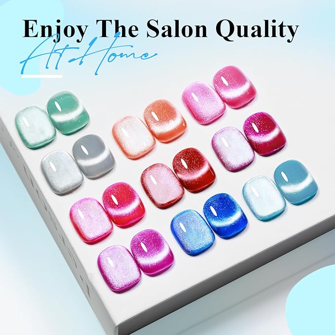 Neon Cat Eye Gel Nail Polish Set 10 Colors: Magnetic Cateye Gel Polish 9D Effect, Sparkle Glitter Bright Red Hot Pink Blue Nail Polish Long Lasting Soak Off Home Salon