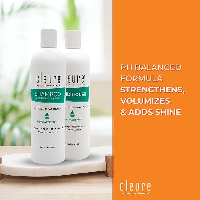 Cleure Hypoallergenic Volumizing Shampoo for Sensitive Skin - Fragrance Free, SLS Free & Paraben Free (12 oz, Pack of 2)
