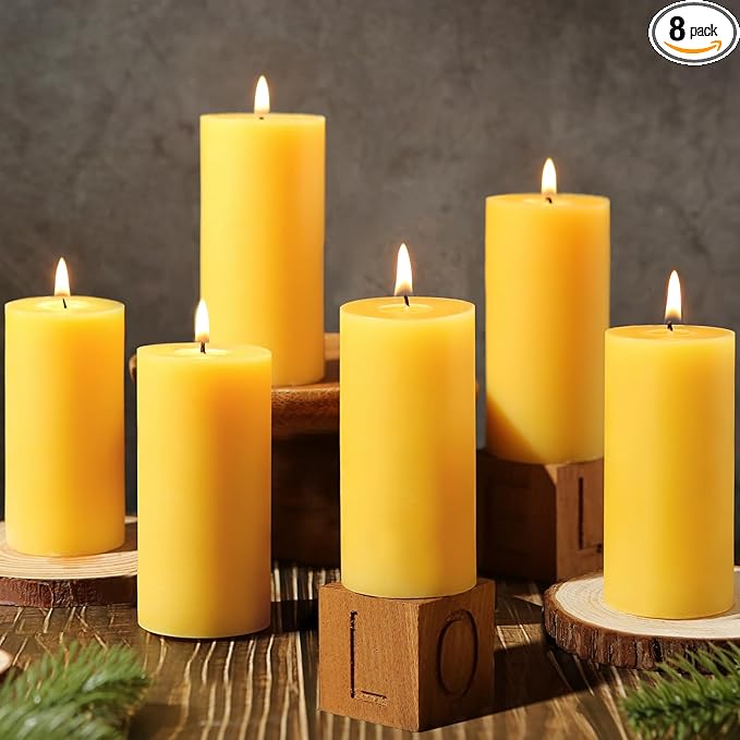 8 Pack Natural Beeswax Pillar Candles,100% Pure Beeswax Candles-280 Hours Long Burning,Unscented Bees Wax Candle for Home,Prayer,Emergency,Dripless Smokeless Organic Bees Wax Candle