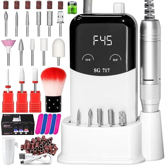 LIMEGIRL Professional Electric Nail File Drill Bits Kit 45000RPM for Acrylic Toenail Machine Clippers with 14 Drill Bit White Portable Rechargeable Cordless
