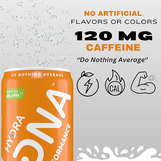 HYDRADNA- Clean Performance Drink, Zero Sugar | For Natural Fuel, Alertness, Boost, Stamina,120 mg Organic Caffeine, Natural Flavors, Zero Sucralose, Clean Ingredients (12 Pack) (12 Pack, Orange)