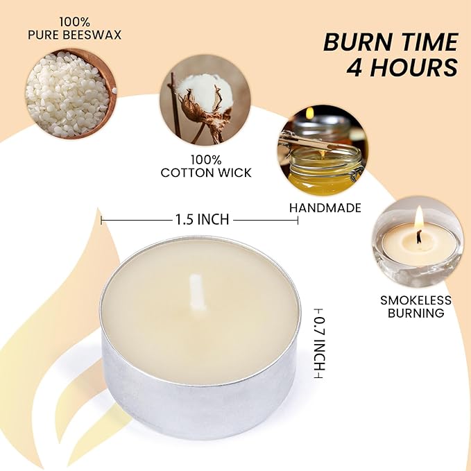 36-Pack Pure Beeswax Tealight Candles in Aluminum Cups - 4-5 Hour Burn Time, Lead-Free Cotton Wick, Natural Unscented Candles，White