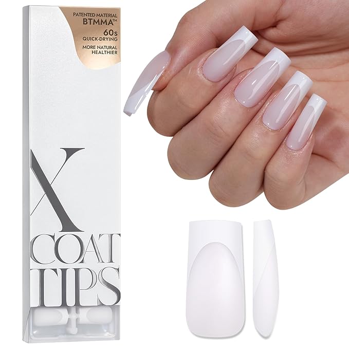 BTArtboxnails French Tip Press on Nails - 150pcs XCOATTIPS Long Square Modern French Tip Nails, White on White Soft Gel Nail Tips Pre-applied Tip Primer & Base Coat, No Need File False Nails