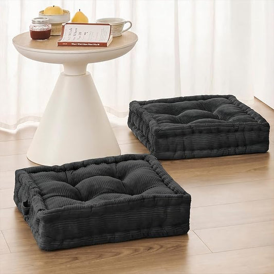 Square Floor Pillows for Adults Kids - Meditation Floor Pillow Seating Cushion - Tufted Floor Cushion with Shredded Foam & Velvet Cover, 2 Pack, 20x20 Inch, Gray