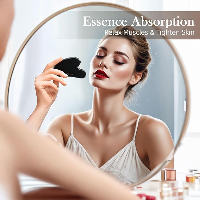 BESKAR Gua Sha Facial Tools, Natural Jade Stone Guasha Massager for Jawline Sculpting, Tighten Face Skin and Reduce Wrinkles, Face Eyes Body Neck Massage Tool, Skin Care Gift (Black)