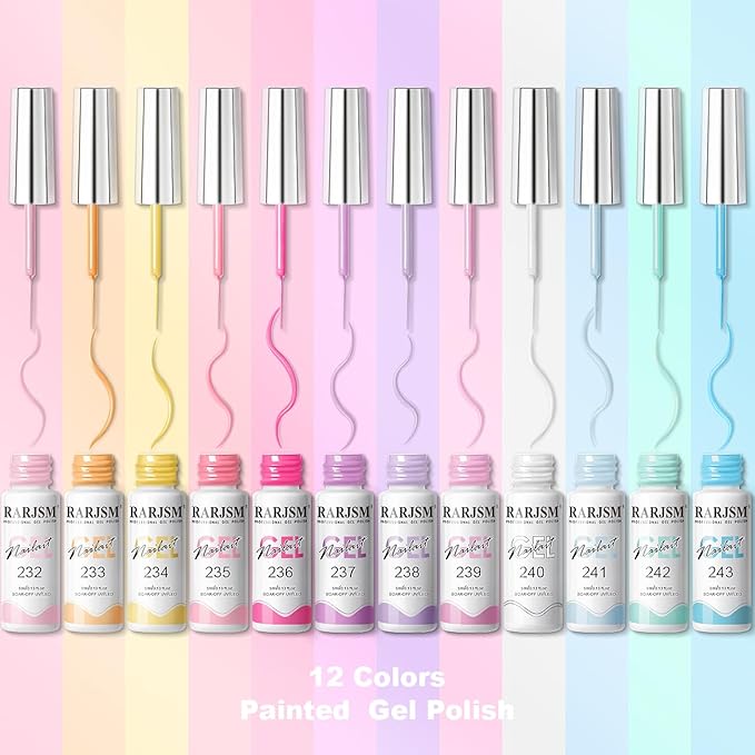 RARJSM Gel Liner Nail Art 12 Colors Set Pink Purple White Green Yellow Blue Gelpolish Art Liners for Nails 5ml Summer Shades Striping Gel Nail Polish Thin Swirl Brush Soak off Curing Need