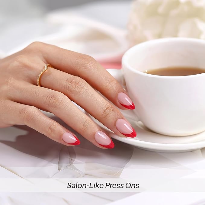 Red French Tip Press on Nails Short - Soft Gel Almond Nails for Women Gift, Fit Perfectly & Natural Glue on Nails with Glue in 16 Sizes - 32 Reusable Fake Nails, Red French