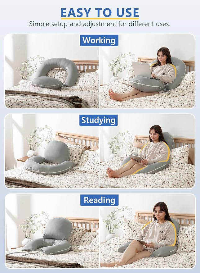INSEN Reading Pillow, Back Pillow for Sitting in Bed for Reading, Nurse & Relax, Reading Pillow for Adults, Moms & Kids, Sit Up Pillow for Bed, Grey
