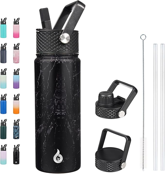 BJPKPK Insulated Water Bottles with Straw Lid, 22oz Cold & Hot Thermo, Stainless Steel Metal Water Bottle with 3 Lids, Reusable Thermo, Cups, Mugs for Daily Use-Midnight